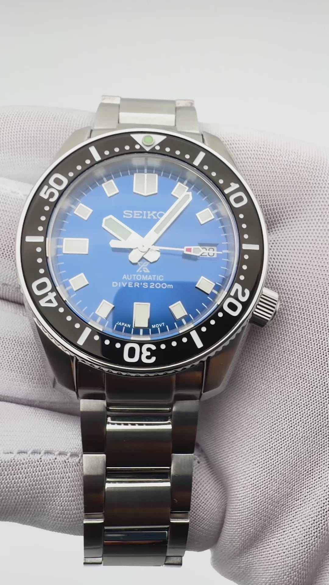 Blue Seiko Prospex mod automatic dive watch with stainless steel bracelet