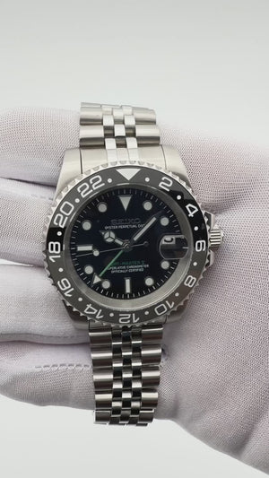 Seiko Bruce Wayne GMT automatic mod watch with black and gray bezel and jubilee bracelet video showcase