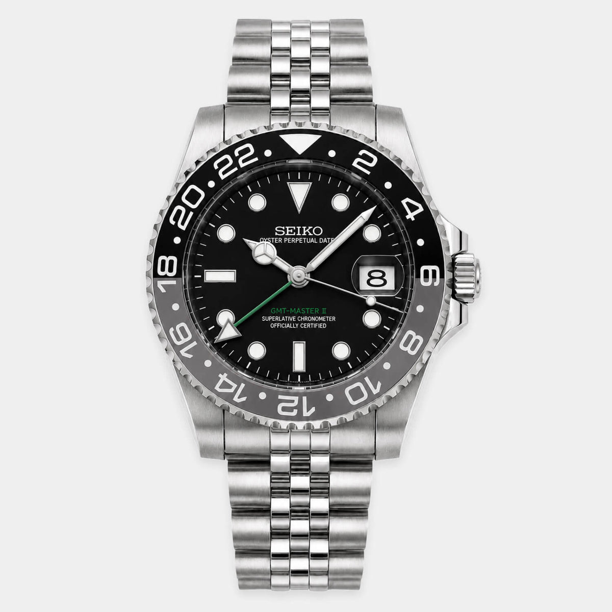 Seiko Bruce Wayne GMT automatic mod watch with black and gray bezel and jubilee bracelet