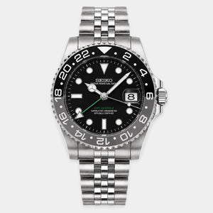 Seiko Bruce Wayne GMT automatic mod watch with black and gray bezel and jubilee bracelet
