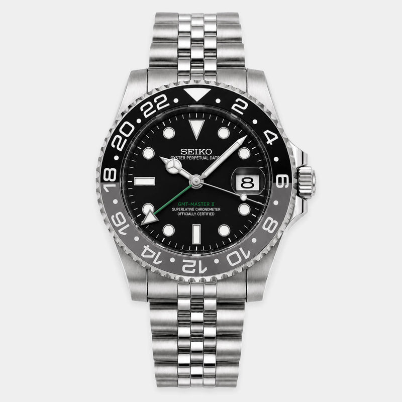 Seiko Bruce Wayne GMT automatic mod watch with black and gray bezel and jubilee bracelet