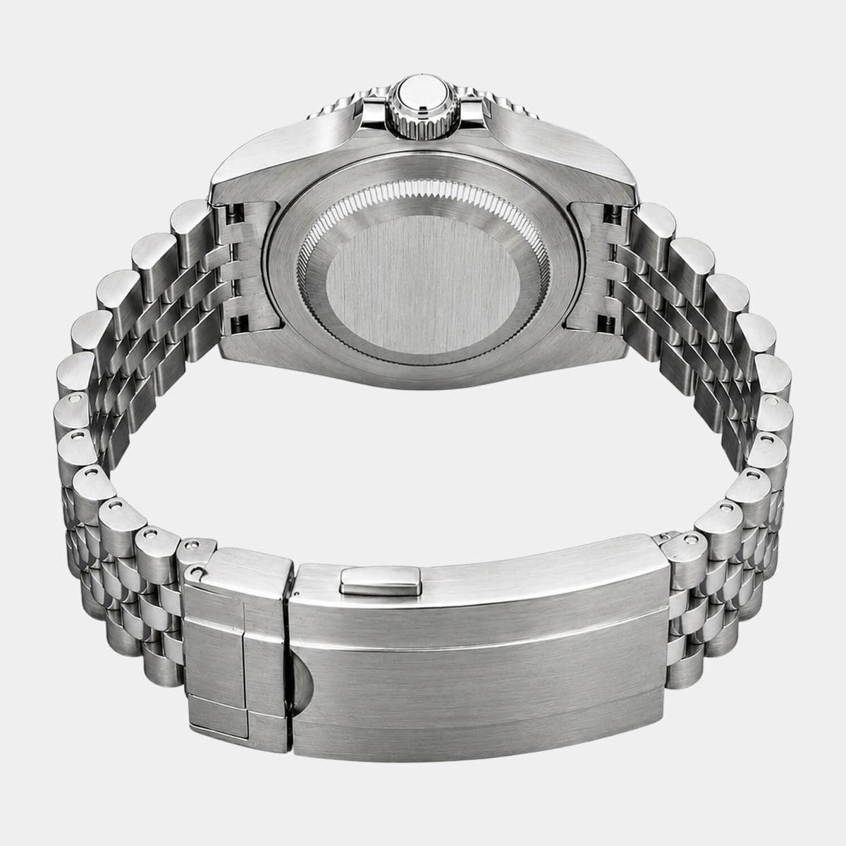 The back view of a stainless steel wrist watch with a matching metal bracelet, showing the brushed case back, crown, and clasp on a light gray background.