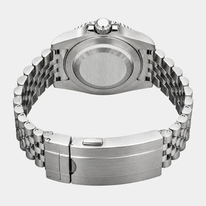 The back view of a stainless steel wrist watch with a matching metal bracelet, showing the brushed case back, crown, and clasp on a light gray background.