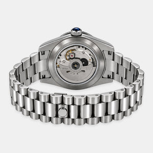 A stainless steel automatic watch shown from the back, featuring a matching metal link bracelet and a visible mechanical movement through the case back.
