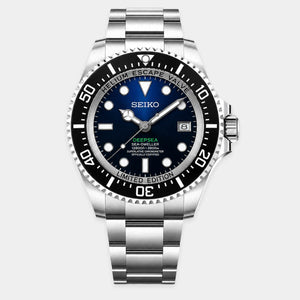Blue Seiko Deep Sea mod automatic dive watch with black bezel and stainless steel bracelet