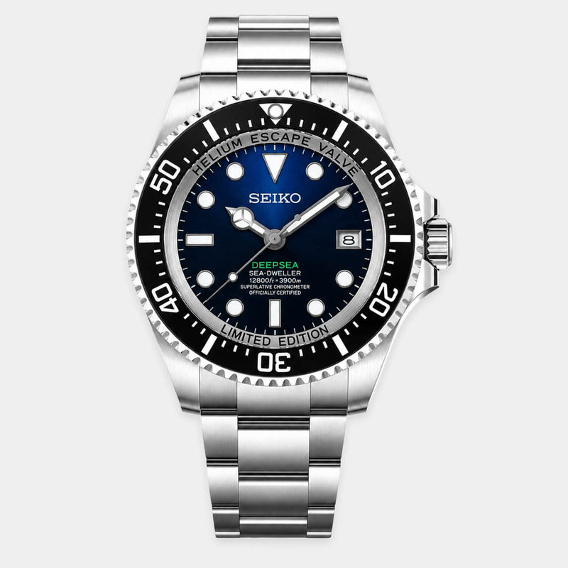 Blue Seiko Deep Sea mod automatic dive watch with black bezel and stainless steel bracelet