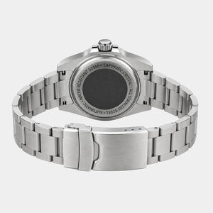The back view of a stainless steel wrist watch with a metal link bracelet, showing the brushed and polished surfaces, crown, and engraved case details on a light gray background.