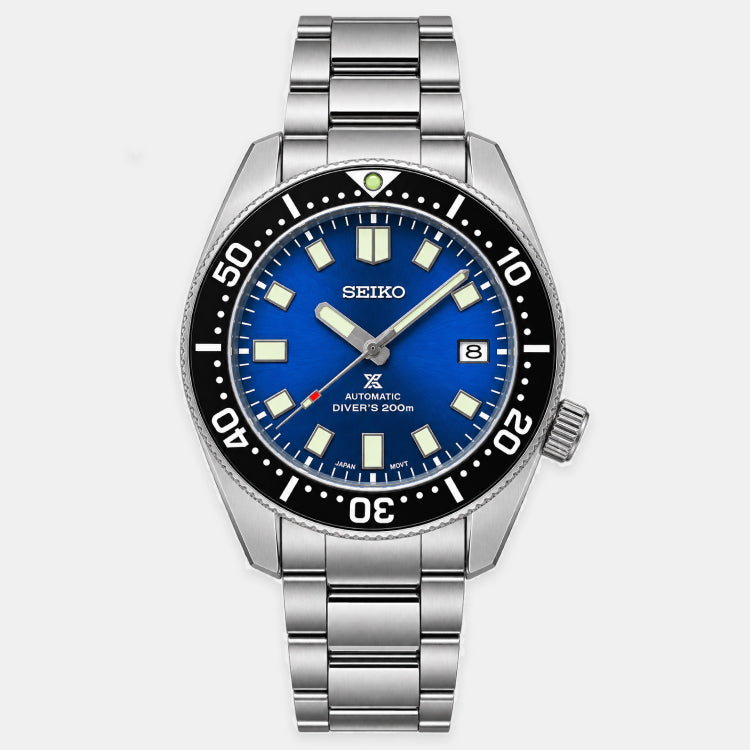 A Seiko Diver's Automatic watch with a stainless steel link bracelet, featuring a vibrant blue dial, a black rotating bezel, and silver-tone indices.