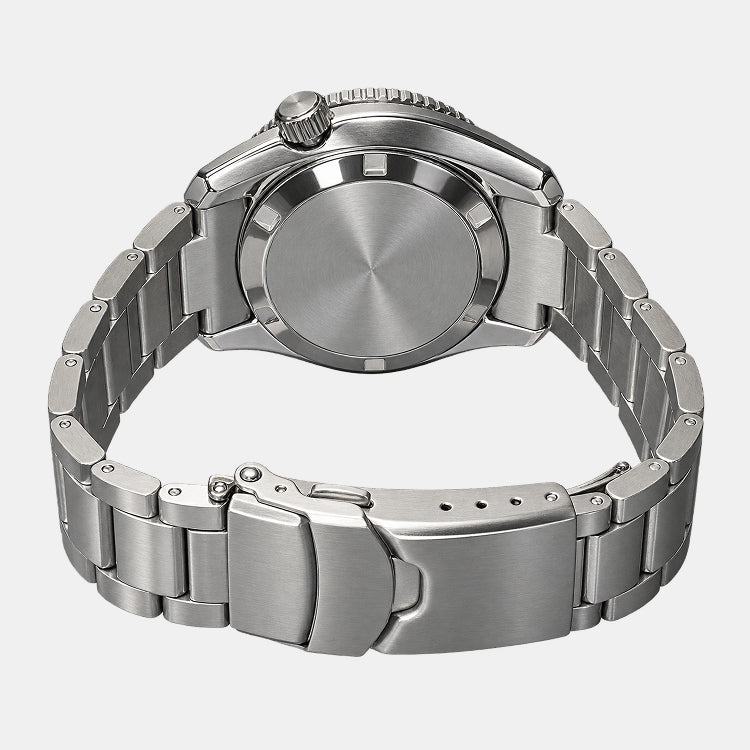 The back view of a stainless steel watch with a matching metal link bracelet, showing the brushed case back, crown, and clasp on a light gray background.