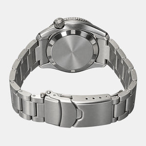 The back view of a stainless steel watch with a matching metal link bracelet, showing the brushed case back, crown, and clasp on a light gray background.
